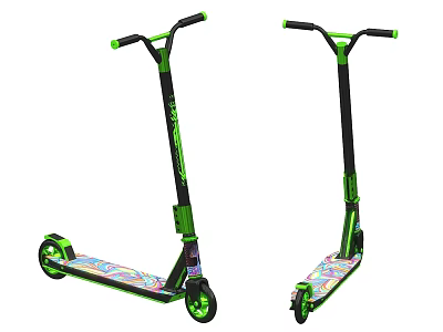 Green And Black Functional Scooter With Colorful Patterned Deck And Handlebars 3d model