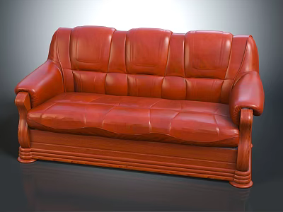 Multi Seat Red Leather Sofa with Traditional Carved Armrests and Stitched Details 3d model