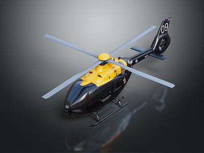 Black And Yellow Model Helicopter With Rotors And Number 09 On Display Stand 3d model
