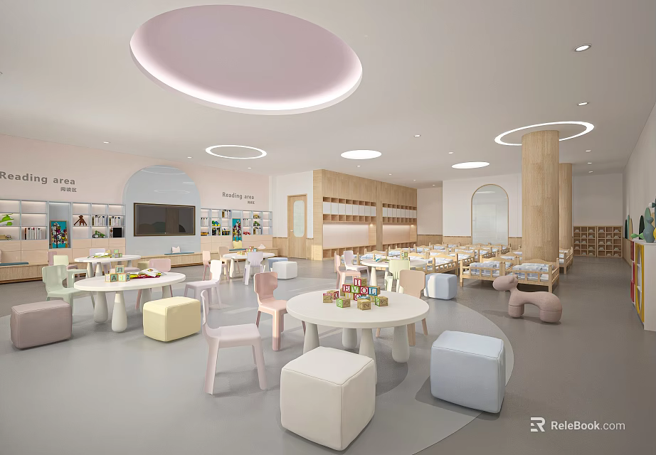 Bright Kindergarten Interior With Round Ceiling Lights Colorful Stools And Round Tables For Kids 3d model 