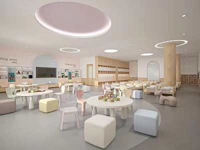Bright Kindergarten Interior With Round Ceiling Lights Colorful Stools And Round Tables For Kids 3d model