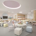 Bright Kindergarten Interior With Round Ceiling Lights Colorful Stools And Round Tables For Kids
