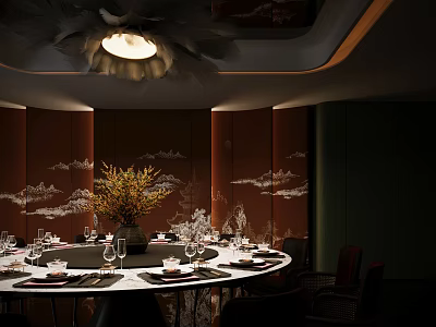 Elegant Chinese Style Private Dining Room With Round Table Flower Arrangement And Landscape Wall 3d model