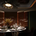 Elegant Chinese Style Private Dining Room With Round Table Flower Arrangement And Landscape Wall