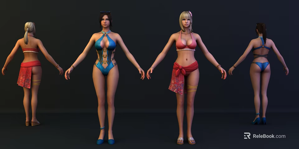 Game Movie Characters In Blue One Piece And Pink Bikini With Red Sash Holding Hands 3d model 