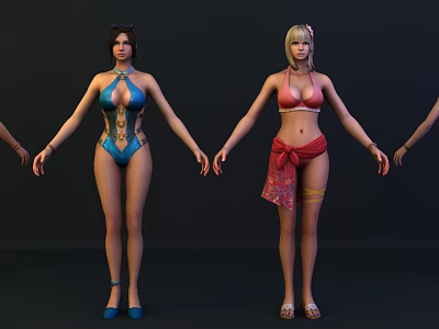 Game Movie Characters In Blue One Piece And Pink Bikini With Red Sash Holding Hands 3d model