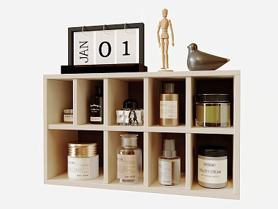 Stylish Perfume And Cosmetics Display On Wooden Storage Shelf With Calendar Mannequin Bird Ornament 3d model