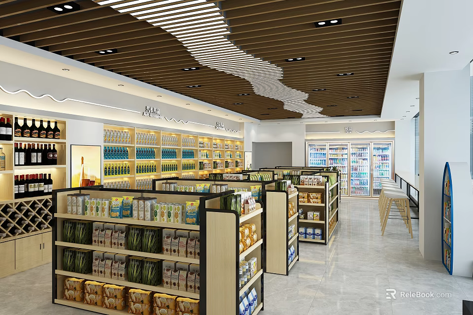 Modern Supermarket Interior Featuring Shelves Products Refrigerators Lighting And Wooden Ceiling 3d model 