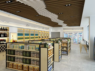 Modern Supermarket Interior Featuring Shelves Products Refrigerators Lighting And Wooden Ceiling 3d model