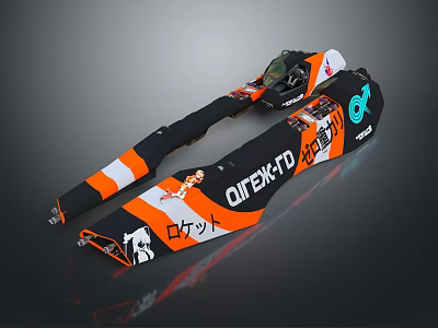 Custom Designed Racing Kart Body With Orange Black Graphics And Sponsor Logos 3d model