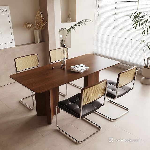 Modern Wooden Dining Table Set With Rattan Back Chairs And Black Leather Seats 3d model 