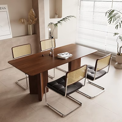 Modern Wooden Dining Table Set With Rattan Back Chairs And Black Leather Seats 3d model