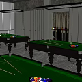 Stylish Billiard Room Interior With Multiple Tables Hanging Lights And Beverage Cooler