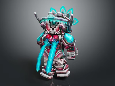 3D Pixel Art Train Robot Model With Blue Green Red Mechanical Design Features 3d model