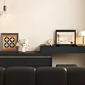 Black Vanity Table with Drawers Table Lamp Mirror Vase and Stool in Bedroom