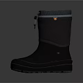 Black Mid Calf Boots With Rubber Sole Laces Gray Trim And Yellow Button Details