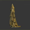 Beige Layered Long Dress with Ruffled Sleeves and Decorative Trim Elegant Women's Fashion Design