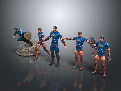 Multiple Blue Costumed Characters With Star Emblems In Diverse Action Poses And Decorative Stand 3d model