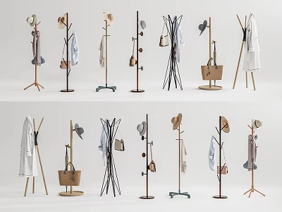 Stylish Standing Coat Racks With Various Designs Hats Bags And Clothes 3d model