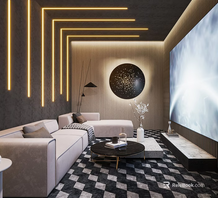 Modern Home Theater Interior With Comfortable Sofa Large Screen TV Circular Artwork And Geometric Lighting 3d model 