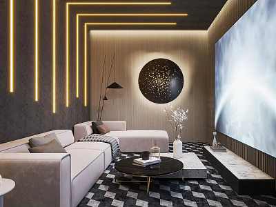 Modern Home Theater Interior With Comfortable Sofa Large Screen TV Circular Artwork And Geometric Lighting 3d model