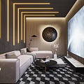 Modern Home Theater Interior With Comfortable Sofa Large Screen TV Circular Artwork And Geometric Lighting
