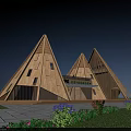 Modern Wooden Hotel Building With Triangular Roofs Large Windows And Front Lawn Area