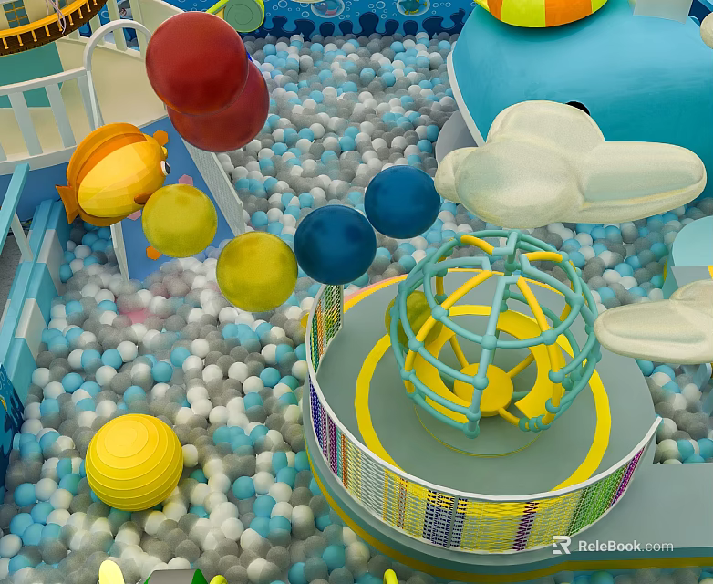 Vibrant Landscape Sculpture Featuring Colored Spheres Cloud Shaped Structure And Slide In Ball Pool 3d model 