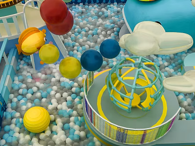 Vibrant Landscape Sculpture Featuring Colored Spheres Cloud Shaped Structure And Slide In Ball Pool 3d model