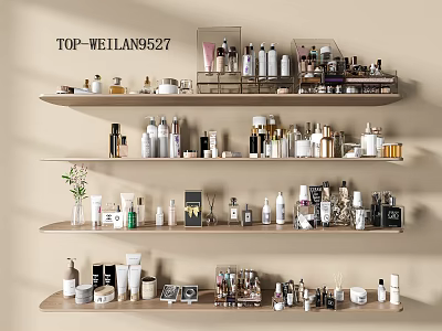 Perfume And Cosmetics Display On Multiple Shelves With Various Bottles And Jars 3d model