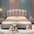 Bedroom Interior Design With Tufted Headboard Bed Nightstands Stuffed Toys City View Window Green Curtains