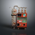 Vintage Rusty Industrial Machinery With White Cylinder Pipes And Red Control Unit