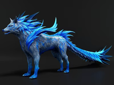 Mythical Blue Wolf Fantasy Creature With Spiked Ice Mane And Feathered Tail 3d model