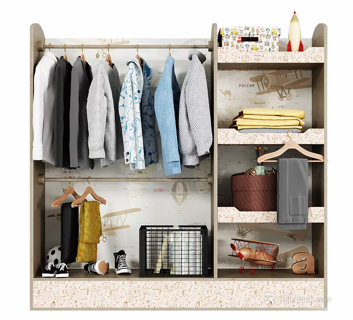 Organized Wardrobe Interior With Hanging Clothes Folded Towels Storage Basket And Accessories 3d model 