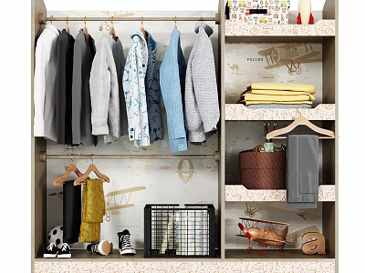 Organized Wardrobe Interior With Hanging Clothes Folded Towels Storage Basket And Accessories 3d model