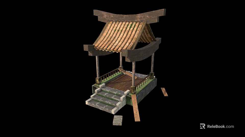 Ancient Chinese Traditional Pavilion With Wooden Structure Curved Roof Tiles And Stone Steps 3d model 