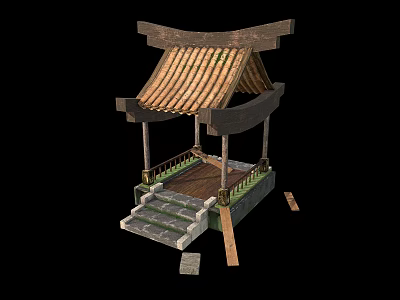 Ancient Chinese Traditional Pavilion With Wooden Structure Curved Roof Tiles And Stone Steps 3d model