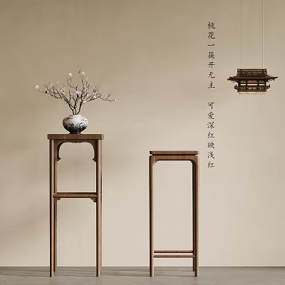 Wooden Flower Stand with Ceramic Vase and Plum Blossom Branches on Light Wall 3d model