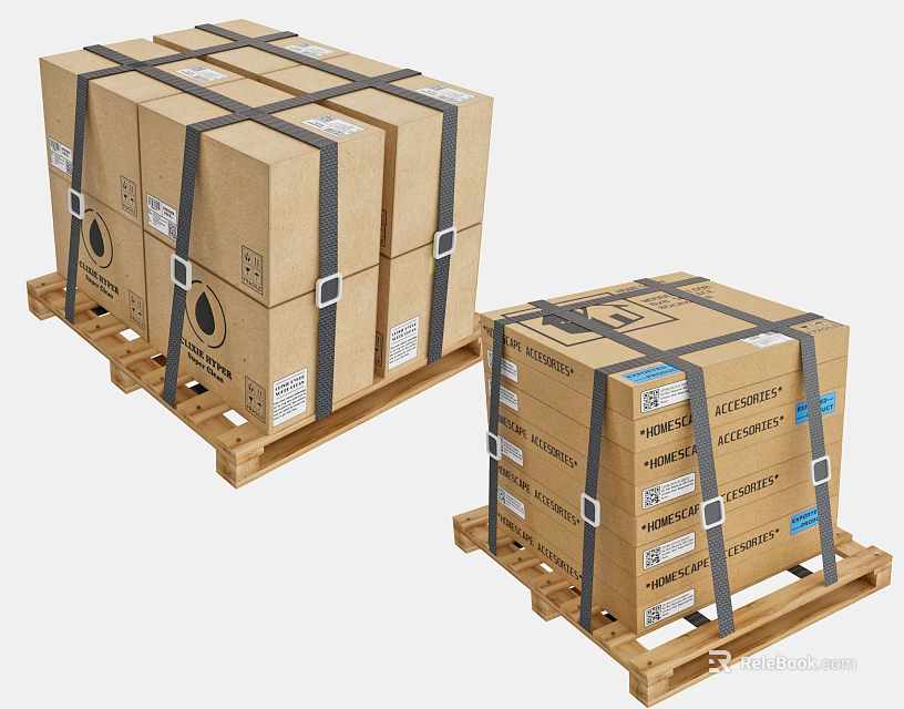 Sturdy Display Shelves Holding Strapped Cardboard Boxes On Wooden Pallets With Labels 3d model 