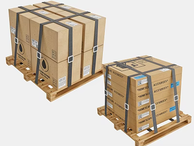 Sturdy Display Shelves Holding Strapped Cardboard Boxes On Wooden Pallets With Labels 3d model