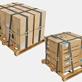 Sturdy Display Shelves Holding Strapped Cardboard Boxes On Wooden Pallets With Labels