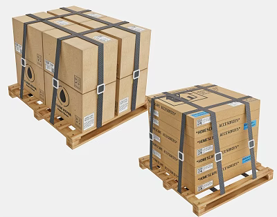 Sturdy Display Shelves Holding Strapped Cardboard Boxes On Wooden Pallets With Labels 3d model