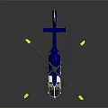 Blue and White Helicopter Model with Yellow Tip Rotors and Detailed Fuselage on Reflective Surface
