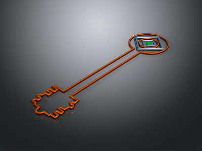 Key Shaped Graphic With Orange Lines And Green Square Top On Dark Background 3d model