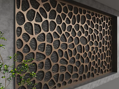 Modern Perforated Feature Wall With Metal Frame Dark Panels And Green Plants 3d model
