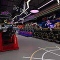 Arcade Playground Featuring Prize Redemption Area Shelves Filled With Prizes Neon Signs And Seating Tables