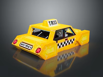 Yellow Pixelated Blocky Minecraft Taxi With Checkerboard Design And TAXI Sign 3d model