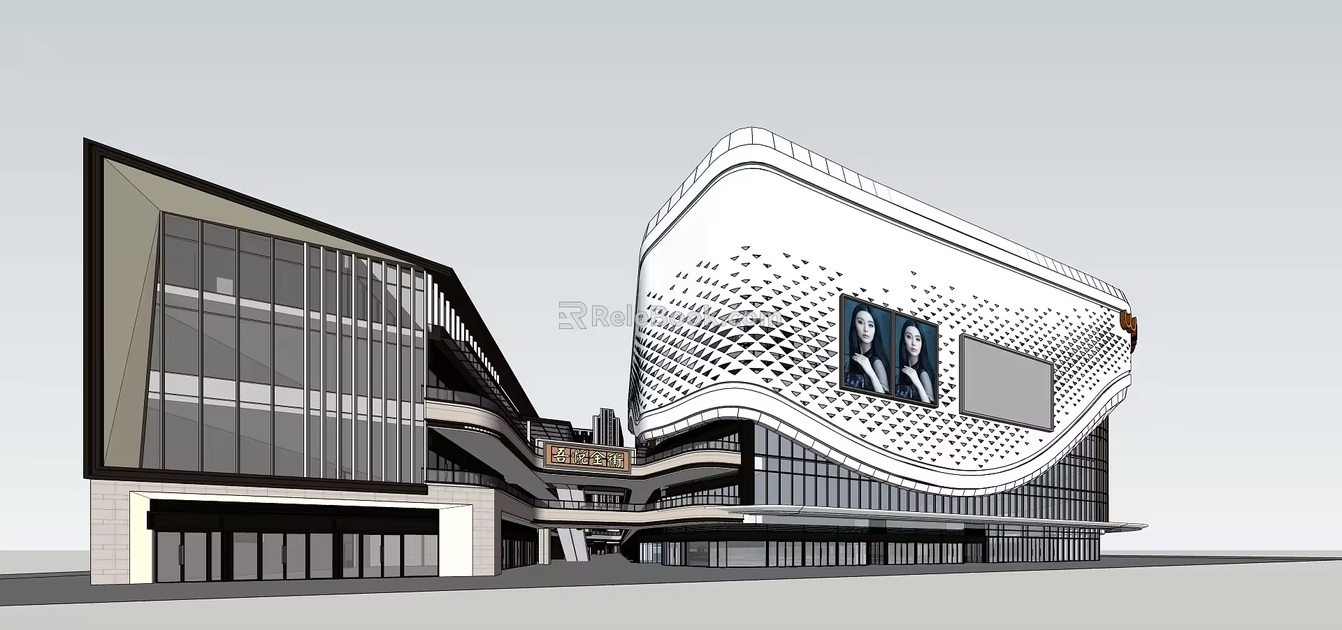 Commercial complex beside high-speed rail in modern commercial building 3d model