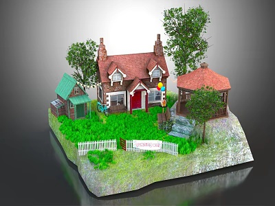 Charming Cottage Style Building With Red Roof Green Pavilion White Fence And Lush Trees 3d model