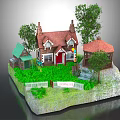 Charming Cottage Style Building With Red Roof Green Pavilion White Fence And Lush Trees